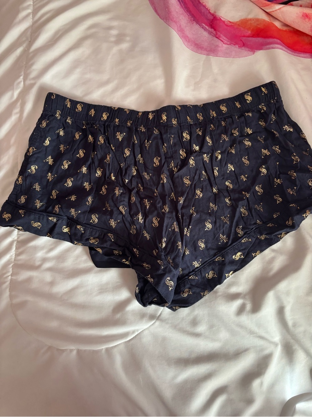 Victoria's Secret Large Navy Gold Monogram Cotton Pajama Sleep Shorts Tie Waist - Picture 5 of 13